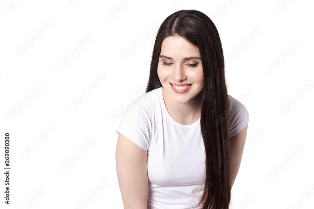 Attractive emotional young woman with a white t-shirt isolated