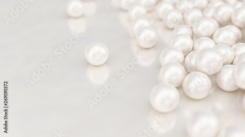 Pile of pearls. Background of the plurality of beautiful pearls. Gems, women's jewelry, nacre beads. Background For your banner, poster, logo. Beautiful shiny sea pearl. 3d rendering