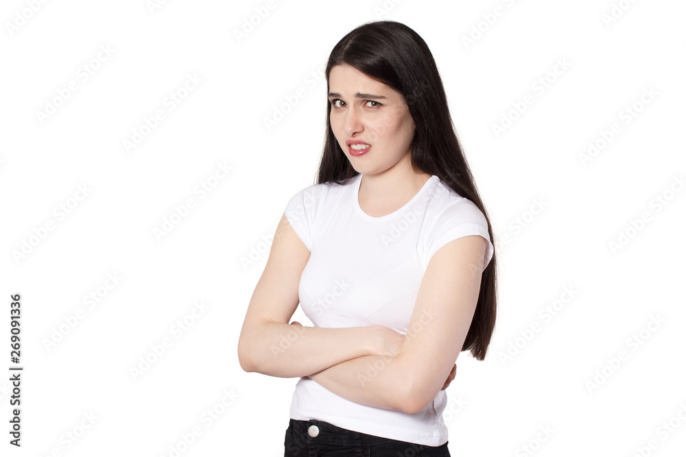 Attractive emotional young woman with a white t-shirt isolated Attractive emotional young woman with a white t-shirt isolated