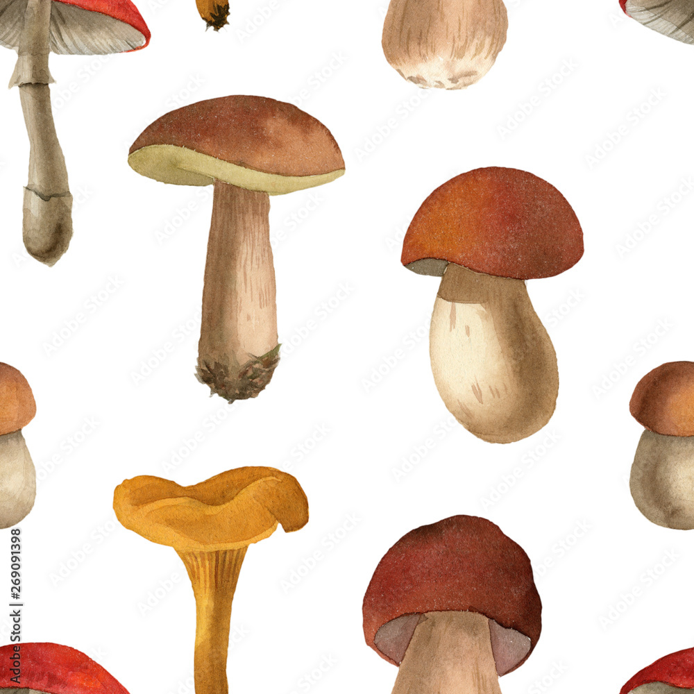 Watercolor autumn mushrooms seamless pattern Watercolor autumn mushrooms seamless pattern