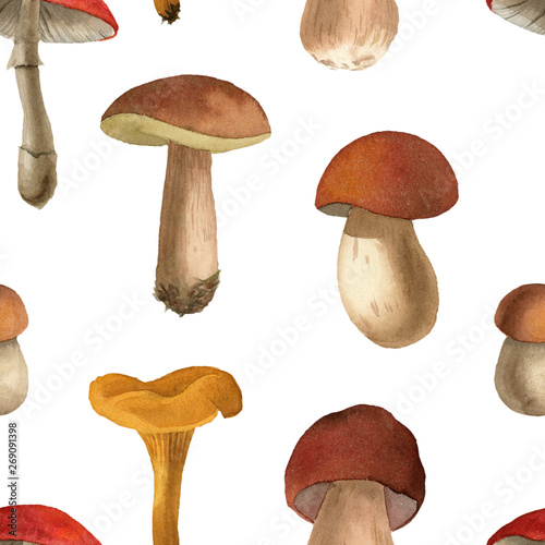 Watercolor autumn mushrooms seamless pattern 