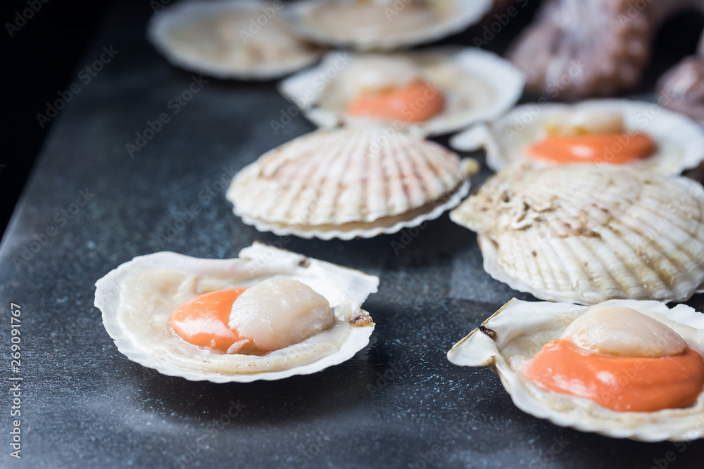 Shellfish, raw fresh scallops on black stone slate background. Seafood concepts. Shellfish, raw fresh scallops on black stone slate background. Seafood concepts.