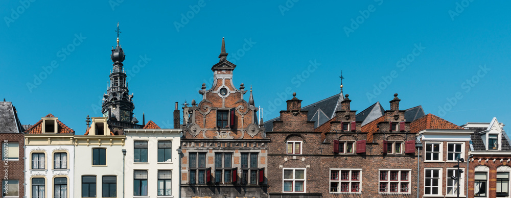 panorama, stepped gable houses and Kerkboog Gate on square Grote Markt in  Nijmegen, The Netherlands