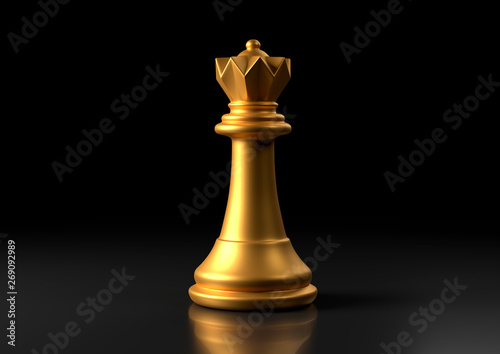 Gold queen chess, standing against black background. Chess game figurine. leader success business concept. Chess pieces. Board games. Strategy games. 3d illustration, 3d rendering