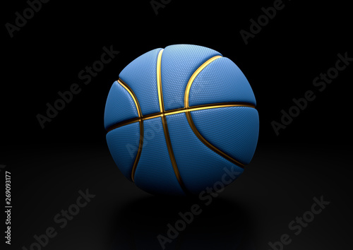 Blue Basketball with Gold Line Design dark Background. Basketball in the air and texture with dots. 3D illustration. 3D rendering high resolution. © Andrii