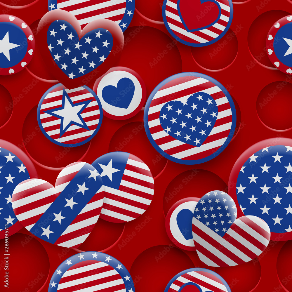 Obraz premium Vector seamless pattern of various USA symbols in red and blue colors on background with holes. Independence Day United States of America