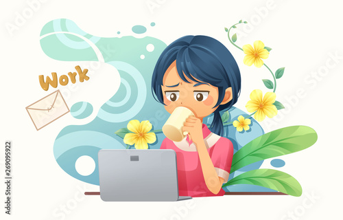 Graphic designer woman working with notebook. She is drinking water, have mail from customers – vector