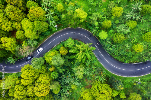 Fototapeta Naklejka Na Ścianę i Meble -  Aerial view on road in the forest. Highway throu the forest. View from a drone. Natural landscape in summer time from air. Travel - image