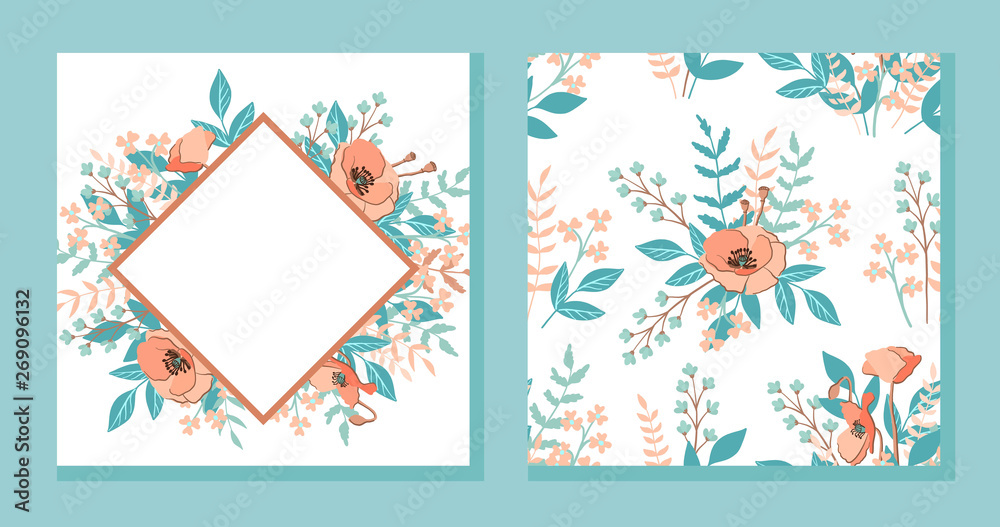 Wedding invitation card with hand drawn flower frame and seamless pattern floral background, . Vector design template, isolated. Save the date welcome card in trendy and fashion rust color