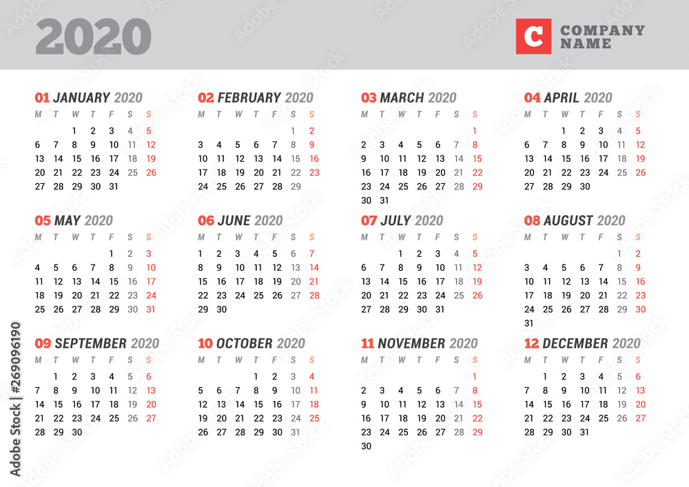 Calendar template for 2020 year. Stationery design. Week starts on Monday. Vector illustration Calendar template for 2020 year. Stationery design. Week starts on Monday. Vector illustration