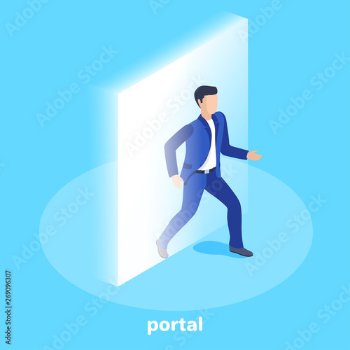 isometric vector image on a blue background, a man in a business suit comes out of a glowing rectangular portal, technology teleportation