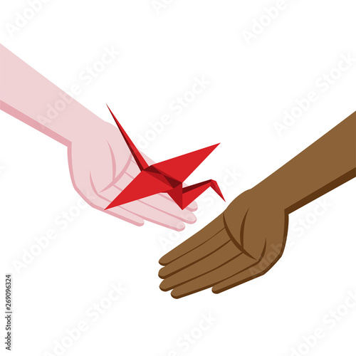 Wallpaper Mural Isometric origami red crane. A gift with hope. Symbol of hope and healing. Hands of different races and nationalities. Help and support. Torontodigital.ca