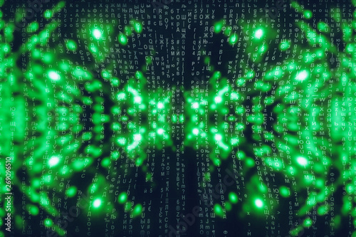 Green blue matrix digital background. Abstract cyberspace concept. Characters fall down. Matrix from symbols stream. Virtual reality design. Complex algorithm data hacking. Green digital sparks.
