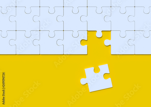 White jigsaw puzzle on yellow background with copy space. Connected blank puzzle pieces. Business strategy Teamwork and problem solving concept. Minimal creative concept. 3d rendering illustration