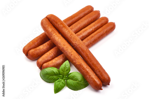 Traditional German Smoked Sausages, close-up, isolated on white background