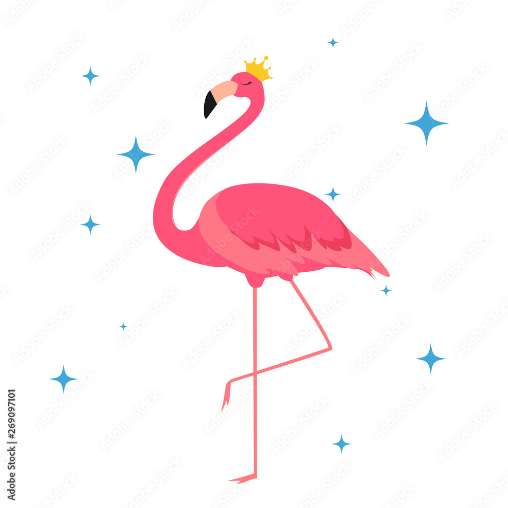 Fototapeta premium Beautiful Little Princess Pink Flamingo in Golden Crown. Vector Illustration