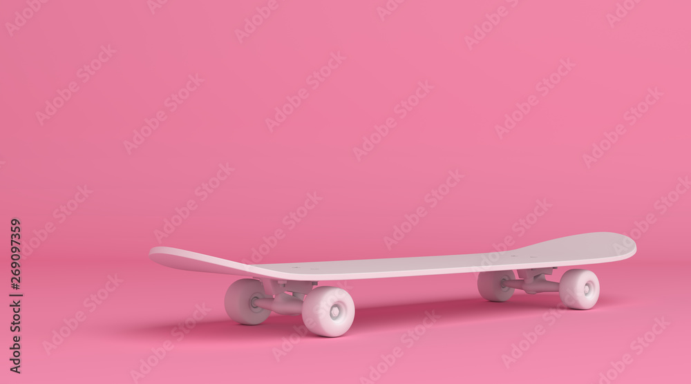 White skateboard on bright pink background in pastel colors. Minimalism concept. 3d render illustration White skateboard on bright pink background in pastel colors. Minimalism concept. 3d render illustration