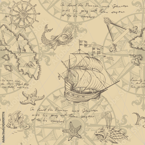 Old caravel, vintage sailboat, sea monster. Vector seamless pattern