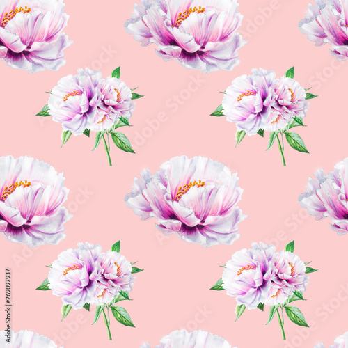 Fototapeta Naklejka Na Ścianę i Meble -  Seamless white peony pattern. Endless texture. Floral print. Marker drawing. Watercolor painting. Wedding and birthday composition. Greeting card. Flower painted background. Hand drawn illustration.