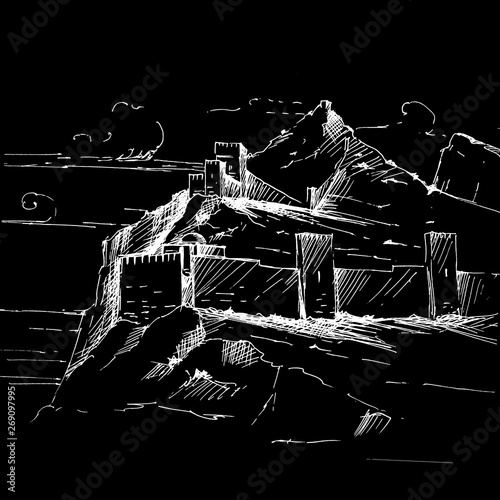 Hand draw Graphical vintage sketch of Genoese fortress, retro background,Crimea