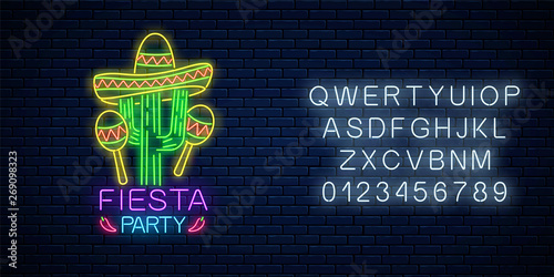 Glowing neon fiesta holiday sign with alphabet. Mexican festival flyer design with maracas, sombrero hat and cactus.