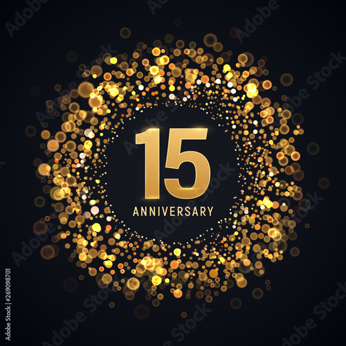 15 years anniversary isolated vector design element. Fifteen birthday logo with blurred light effect on dark background