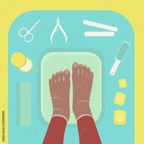 African black female feet in water bowl, top view. Spa procedures, beauty salon, pedicure. Pedicure tools. Vector illustration