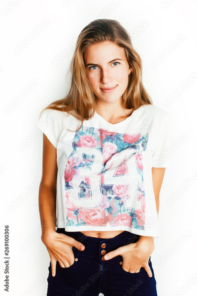 young pretty teenage hipster girl posing emotional happy smiling on white background, lifestyle people concept close up young pretty teenage hipster girl posing emotional happy smiling on white background, lifestyle people concept close up