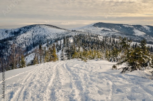 Beautiful winter mountain landscape. Magical snow-covered slopes in the Polish mountains.