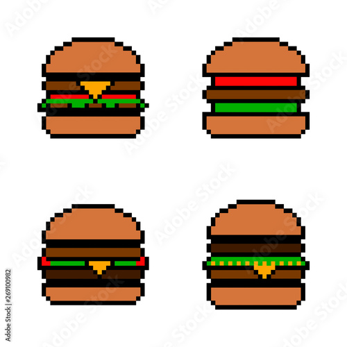 Pixel icon. Fast food icon set. Pixelated burger, hamburger or cheeseburger logo. 