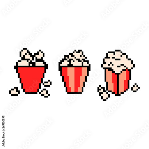 Pixel icon. Popcorn icon set. Sweet or salty corn. Fast food pixelated logo. 
