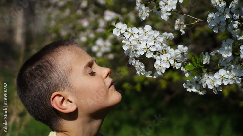A little boy smells like beautiful white flowers in nature
