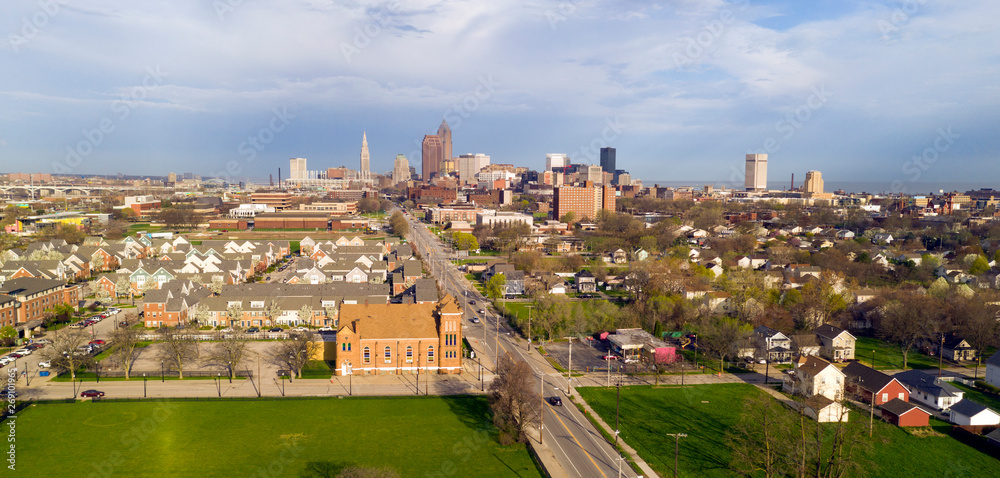 Aerial View Cleveland Downtown Skyline Storm Approaching