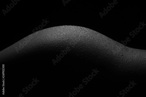 Black and White Beautiful woman body. Fashion art studio portrait of elegant naked lady with shadow on her. Female stomach isolated on black background. Erotic pose low key shoot.
