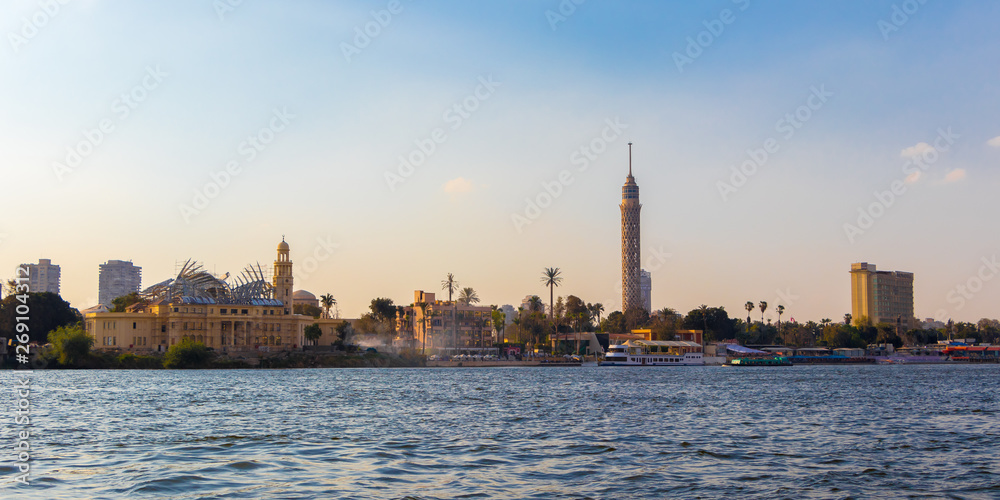 Cairo, Egypt - April 19, 2019: Cairo TV tower on the bank of Nile river, Egypt