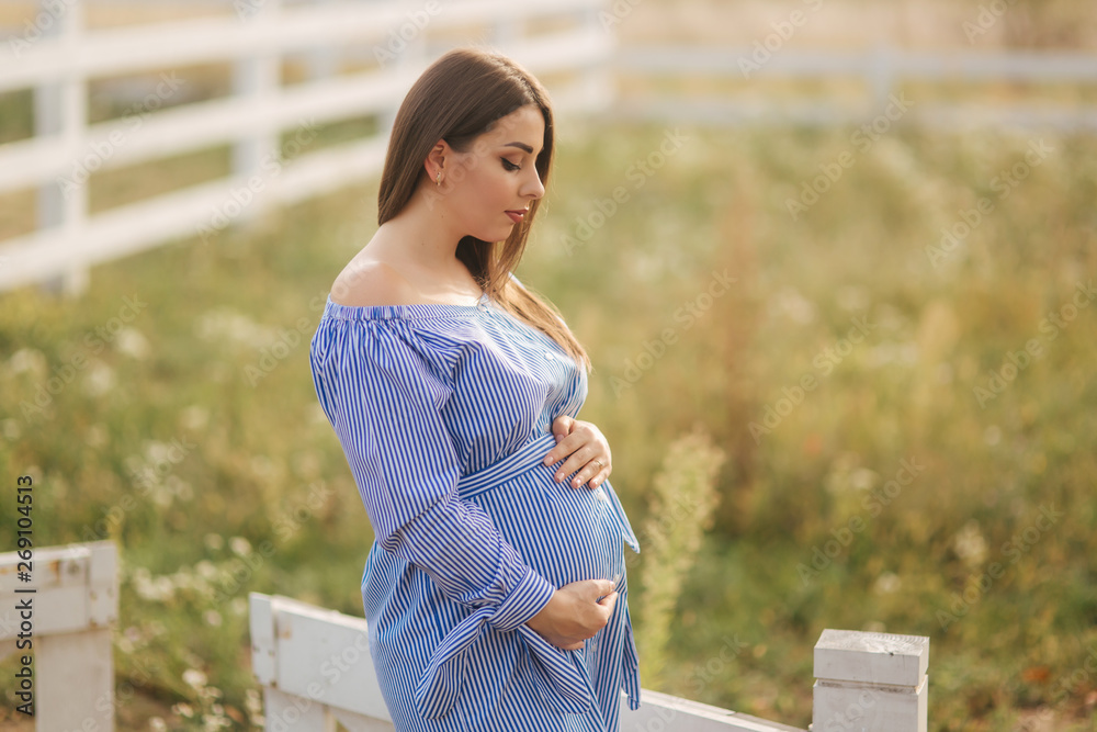 Pregnant woman put hand on her belly and caress. Beautiful future mother Pregnant woman put hand on her belly and caress. Beautiful future mother