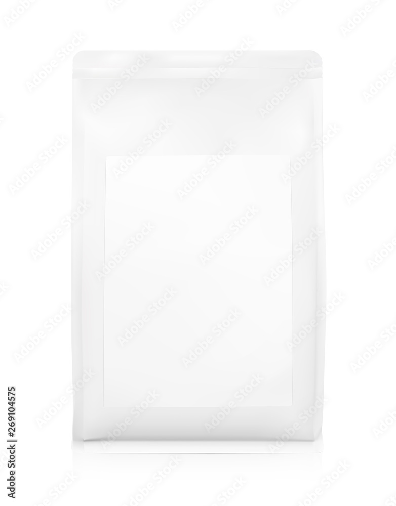 Vertical food paper bag with label. Front view. Vector illustration on white background. Packaging mockup ready for your design, presentation, promo, adv. EPS10. Vertical food paper bag with label. Front view. Vector illustration on white background. Packaging mockup ready for your design, presentation, promo, adv. EPS10.