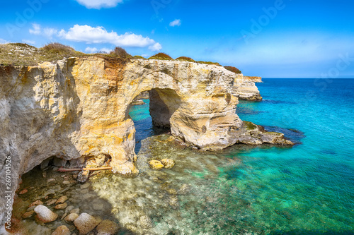 Picturesque seascape with cliffs, rocky arch at Torre Sant Andrea © pilat666