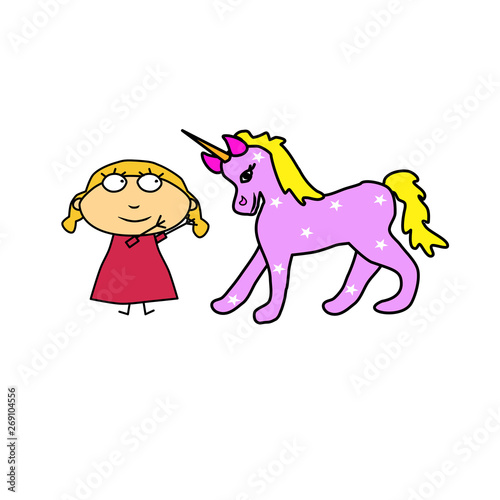 Girl and unicorn. Fairy-tale character and child. Vector for baby design. Child stretches his hands to a fantastic animal.