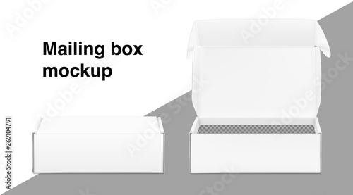 Commercial box mockup. The box can be used for delivery, bottles, clothes, electronics, gifts.  Vector illustration on transparent background. Open and close box view. Packaging mockup.  EPS10.