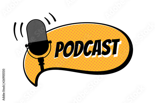Podcast radio sign. Retro studio table microphone with broadcast text on air on yellow comics bubble. Webcast audio record concept icon. Vector illustration
