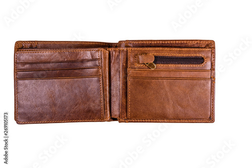 Opened brown leather wallet isolated on a white background