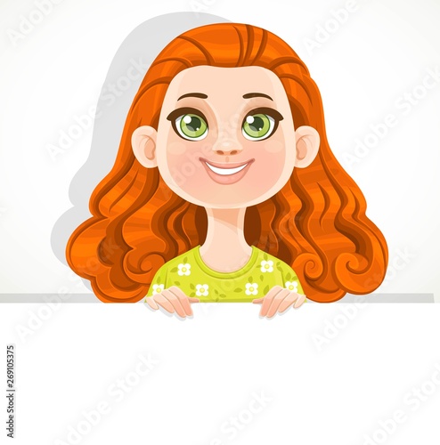 Cute red haired girl in blouse in flower ornament holds large white horizontal banner on a white background