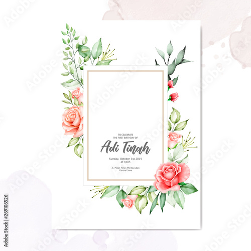 watercolor floral and leaves wedding card template 