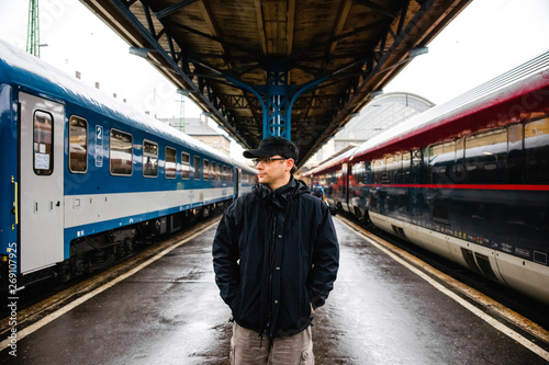 Traveler tourist at the Budapest train station waiting for the departure of his train. © Joaquin Corbalan