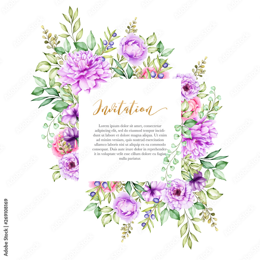 watercolor floral and leaves wedding card template 