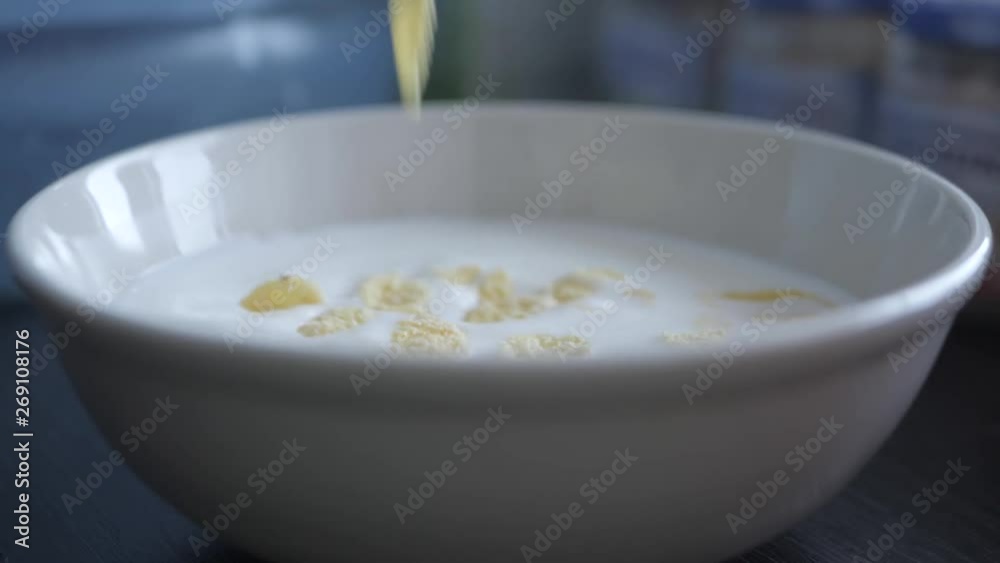 Cornflakes fall into a plate with milk. Slow Motion Video Cornflakes fall into a plate with milk. Slow Motion Video