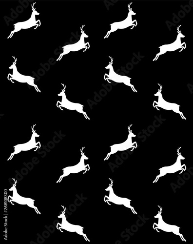 Vector seamless pattern of white deer silhouette isolated on black background