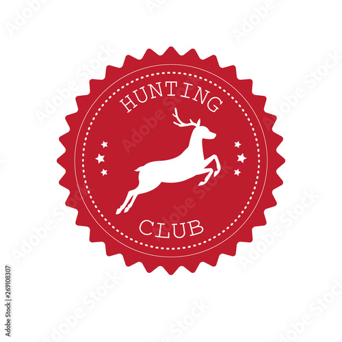 Vector red retro round logo of hunt club with deer silhouette isolated on white background photo