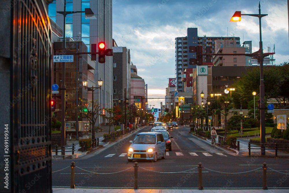 YAMAGATA ,JAPAN -October 28,2018:Cars on Yamagata City Road, Night Trade District and Night Lights. YAMAGATA ,JAPAN -October 28,2018:Cars on Yamagata City Road, Night Trade District and Night Lights.